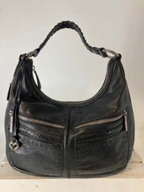 BRIGHTON LARGE BLACK LEATHER, ANIMAL PRINT TRIM SHOULDER BAG